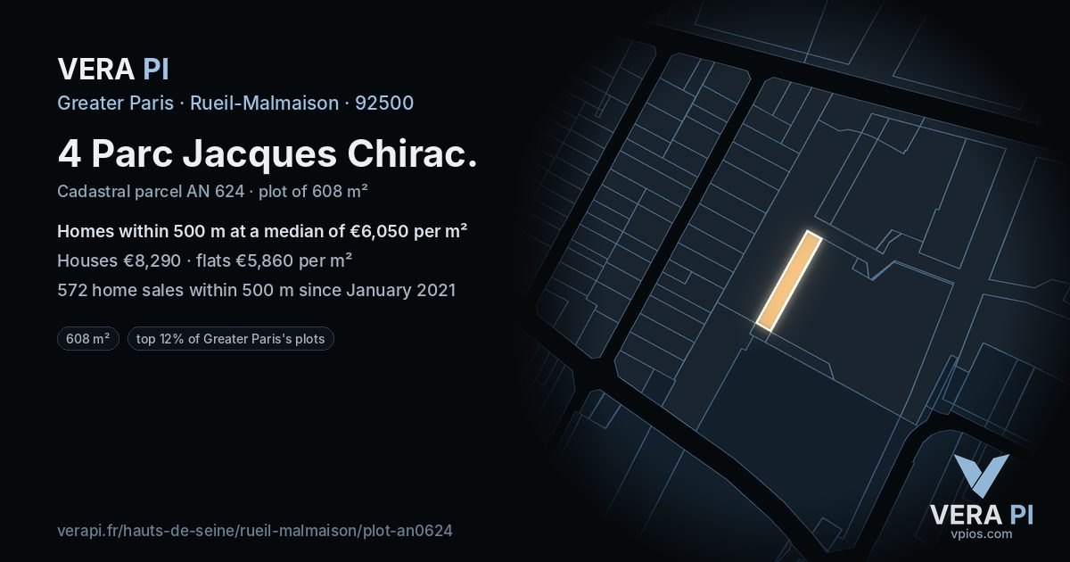4 Parc Jacques Chirac, Rueil-Malmaison at night – the plot lit, the parcels around coloured by the prices near them