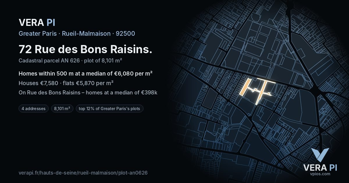 72 Rue des Bons Raisins, Rueil-Malmaison at night – the plot lit, the parcels around coloured by the prices near them