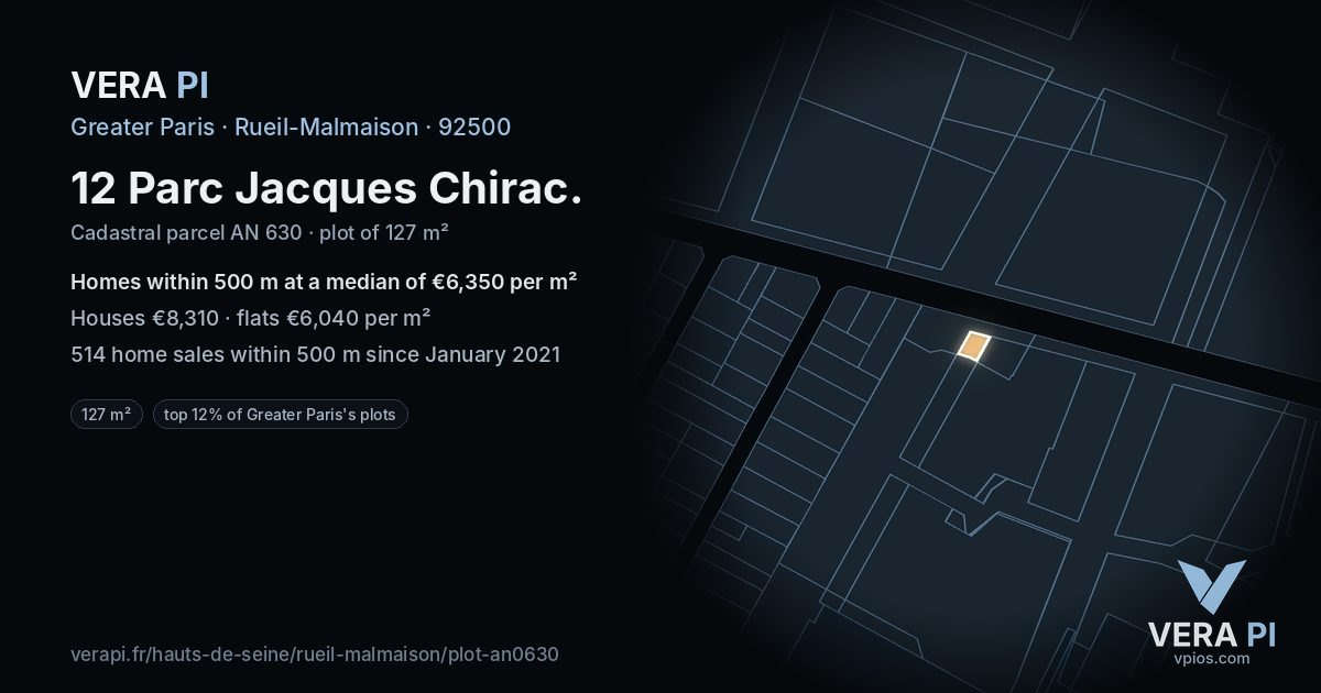 12 Parc Jacques Chirac, Rueil-Malmaison at night – the plot lit, the parcels around coloured by the prices near them