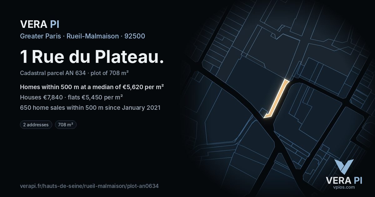 1 Rue du Plateau, Rueil-Malmaison at night – the plot lit, the parcels around coloured by the prices near them