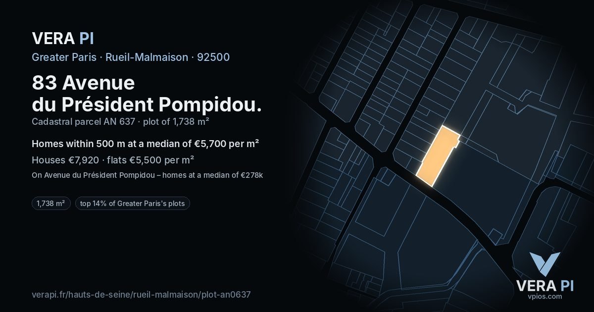 83 Avenue du Président Pompidou, Rueil-Malmaison at night – the plot lit, the parcels around coloured by the prices near them