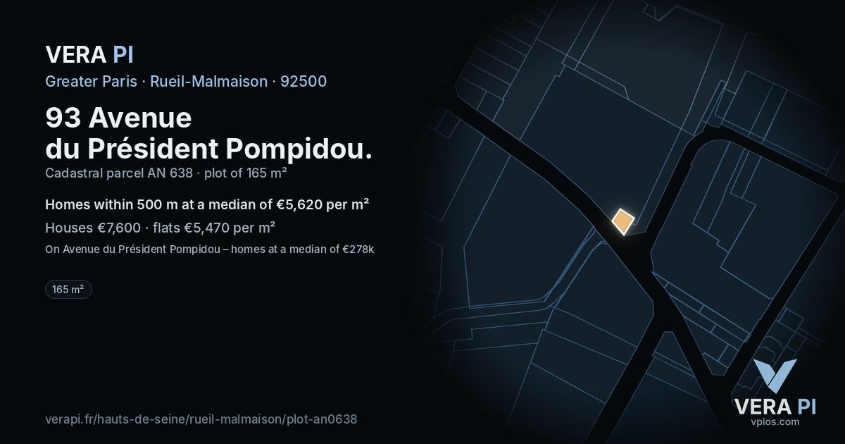93 Avenue du Président Pompidou, Rueil-Malmaison at night – the plot lit, the parcels around coloured by the prices near them