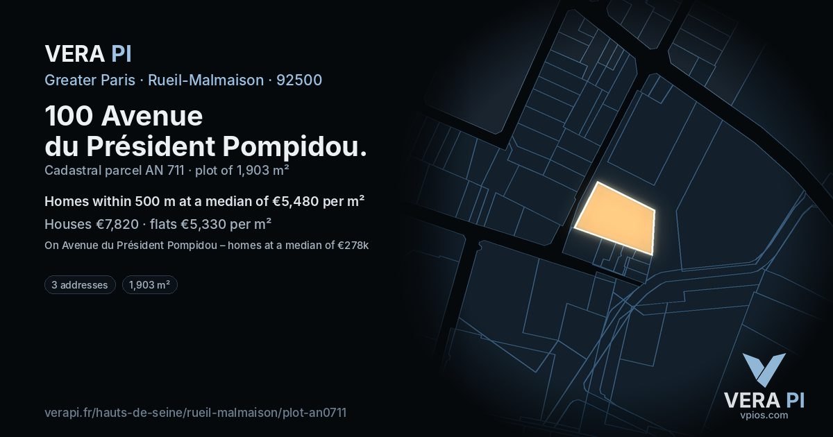 100 Avenue du Président Pompidou, Rueil-Malmaison at night – the plot lit, the parcels around coloured by the prices near them