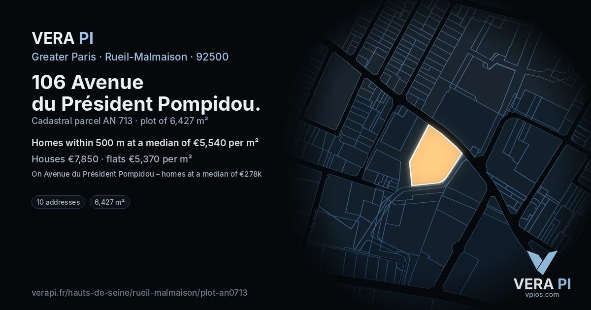 106 Avenue du Président Pompidou, Rueil-Malmaison at night – the plot lit, the parcels around coloured by the prices near them