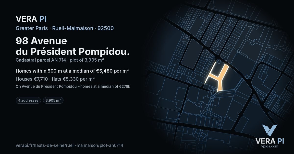 98 Avenue du Président Pompidou, Rueil-Malmaison at night – the plot lit, the parcels around coloured by the prices near them