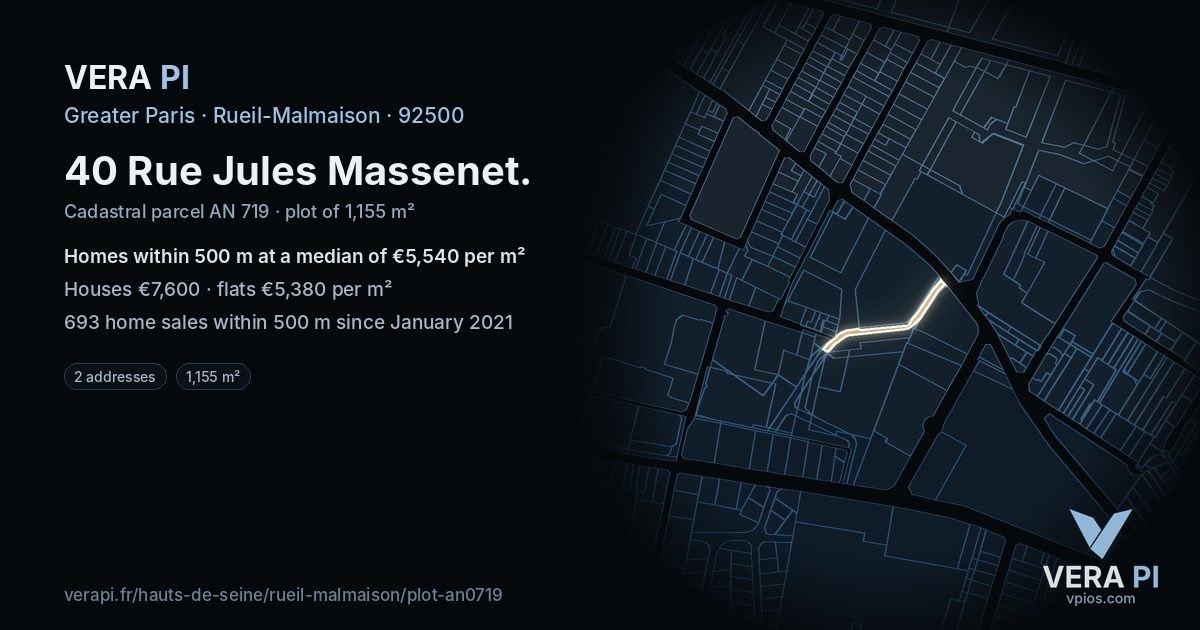 40 Rue Jules Massenet, Rueil-Malmaison at night – the plot lit, the parcels around coloured by the prices near them