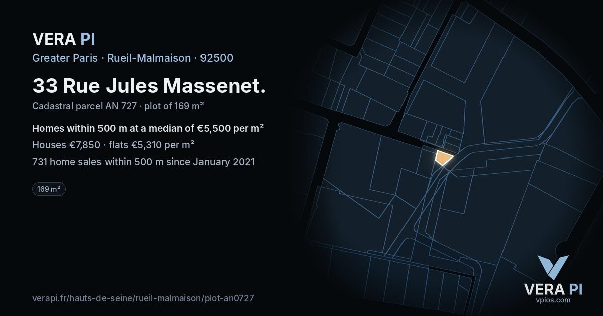 33 Rue Jules Massenet, Rueil-Malmaison at night – the plot lit, the parcels around coloured by the prices near them