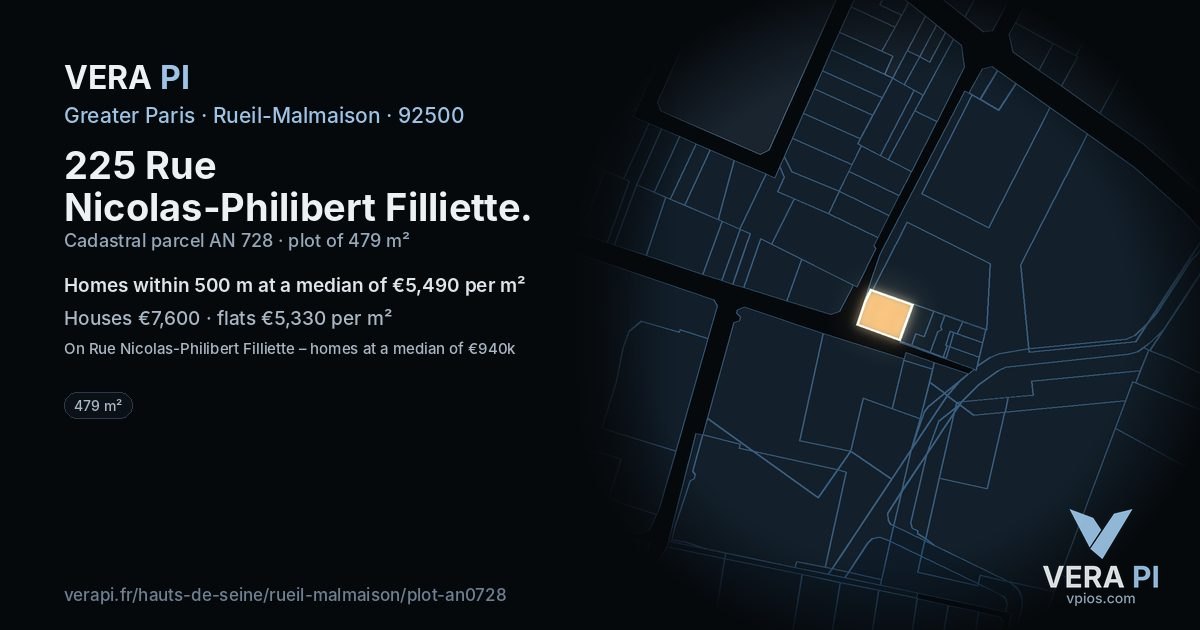 225 Rue Nicolas-Philibert Filliette, Rueil-Malmaison at night – the plot lit, the parcels around coloured by the prices near them