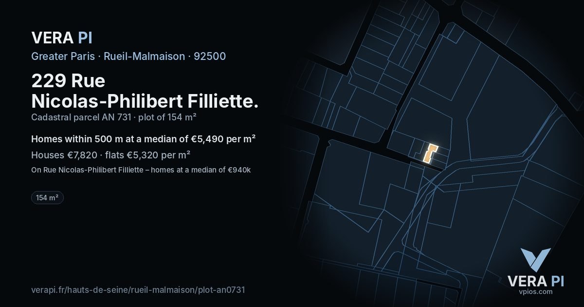 229 Rue Nicolas-Philibert Filliette, Rueil-Malmaison at night – the plot lit, the parcels around coloured by the prices near them