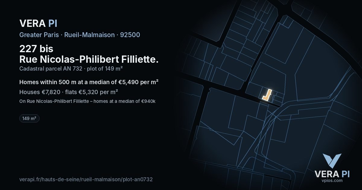 227 bis Rue Nicolas-Philibert Filliette, Rueil-Malmaison at night – the plot lit, the parcels around coloured by the prices near them