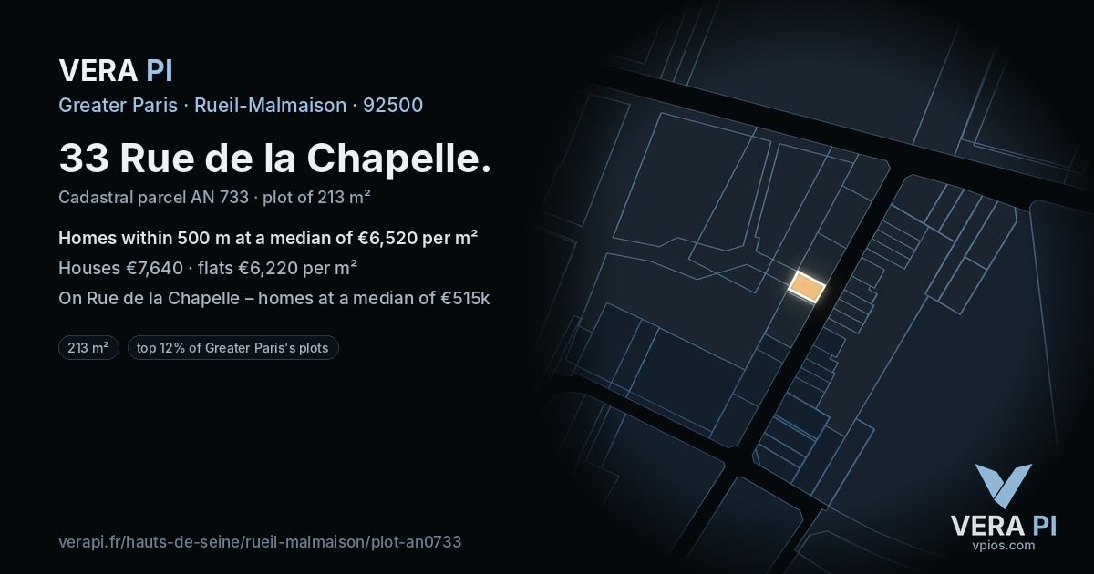 33 Rue de la Chapelle, Rueil-Malmaison at night – the plot lit, the parcels around coloured by the prices near them