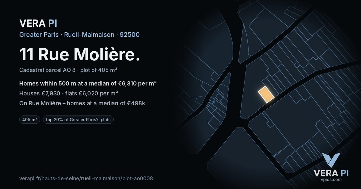 11 Rue Molière, Rueil-Malmaison at night – the plot lit, the parcels around coloured by the prices near them