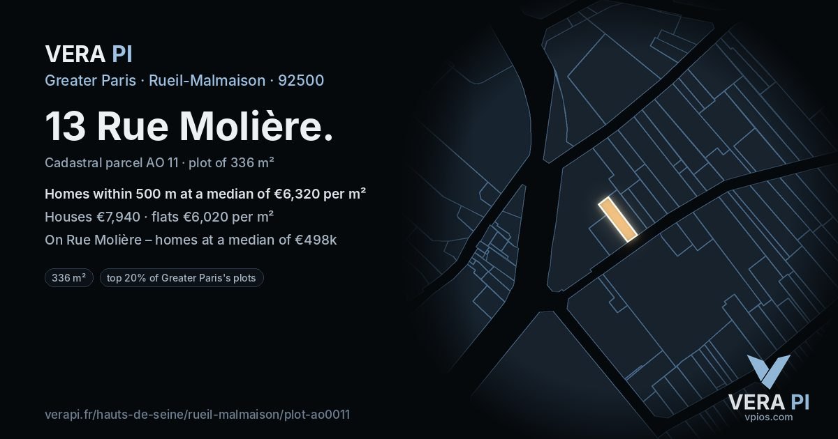 13 Rue Molière, Rueil-Malmaison at night – the plot lit, the parcels around coloured by the prices near them
