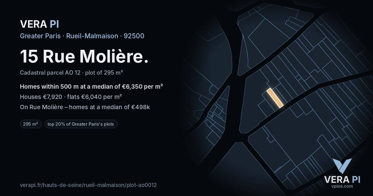 15 Rue Molière, Rueil-Malmaison at night – the plot lit, the parcels around coloured by the prices near them