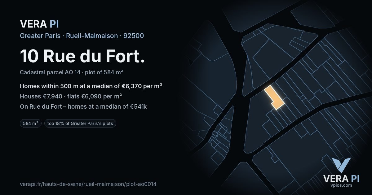 10 Rue du Fort, Rueil-Malmaison at night – the plot lit, the parcels around coloured by the prices near them