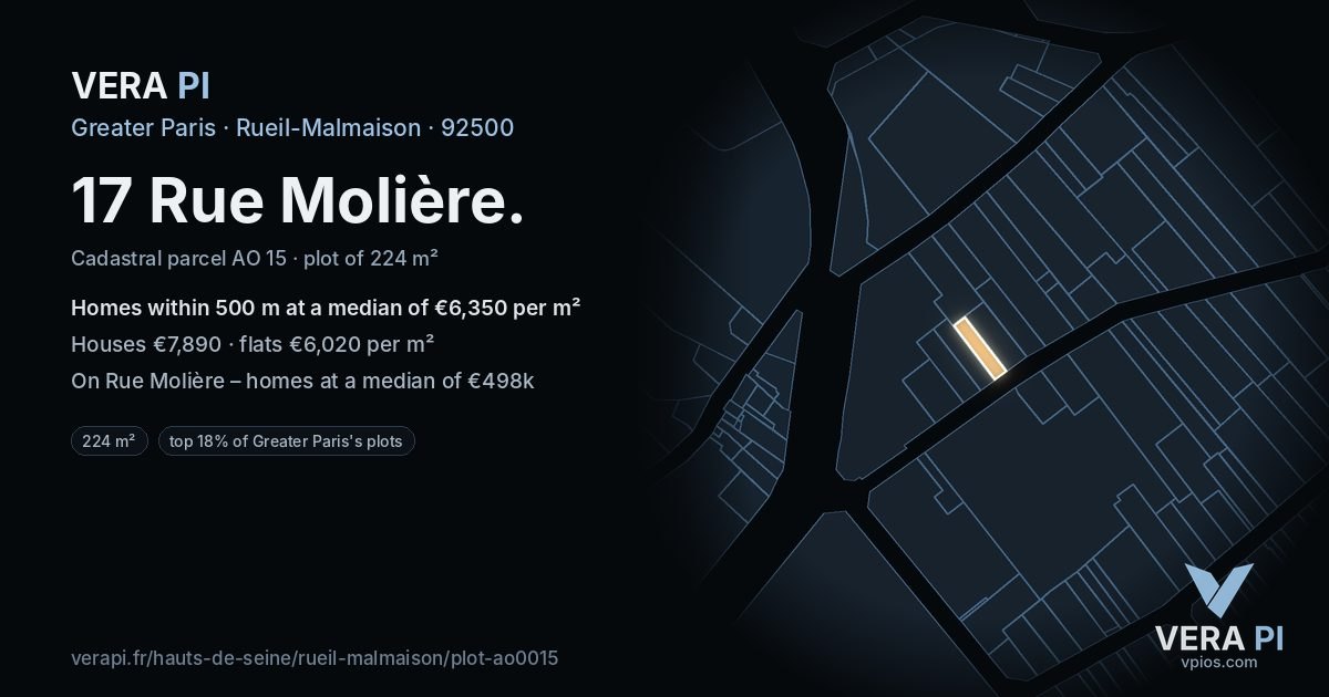 17 Rue Molière, Rueil-Malmaison at night – the plot lit, the parcels around coloured by the prices near them