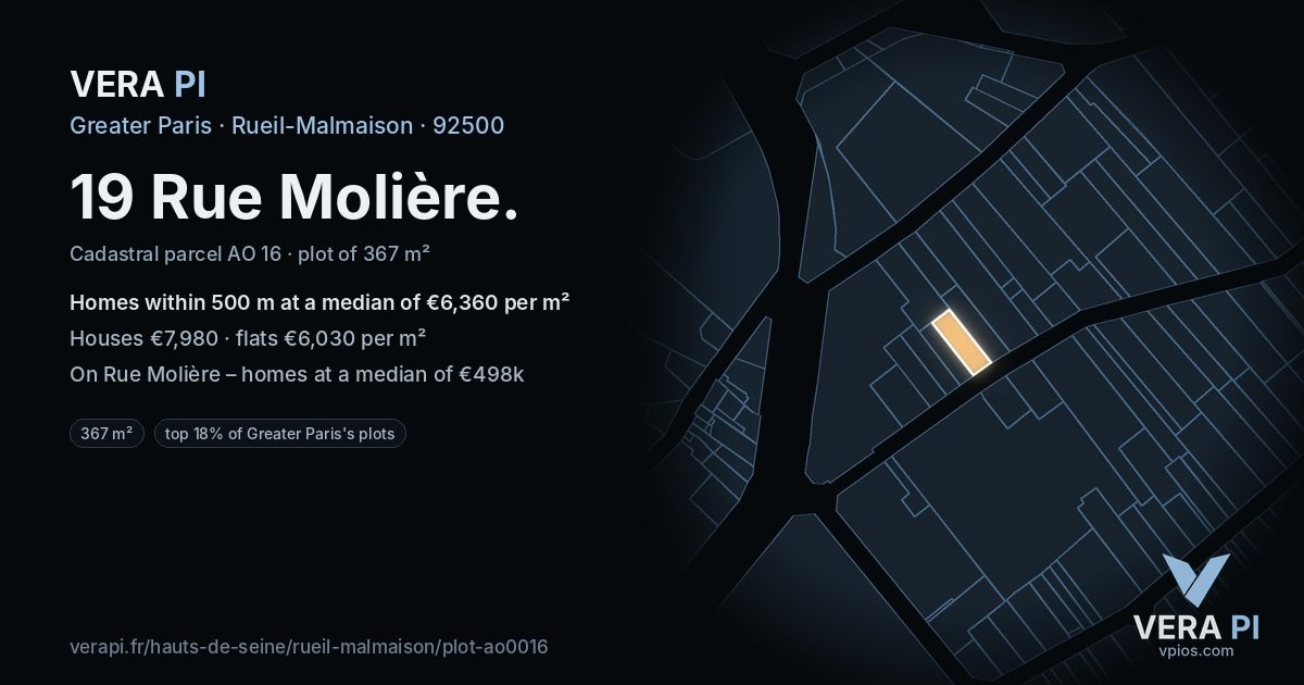 19 Rue Molière, Rueil-Malmaison at night – the plot lit, the parcels around coloured by the prices near them