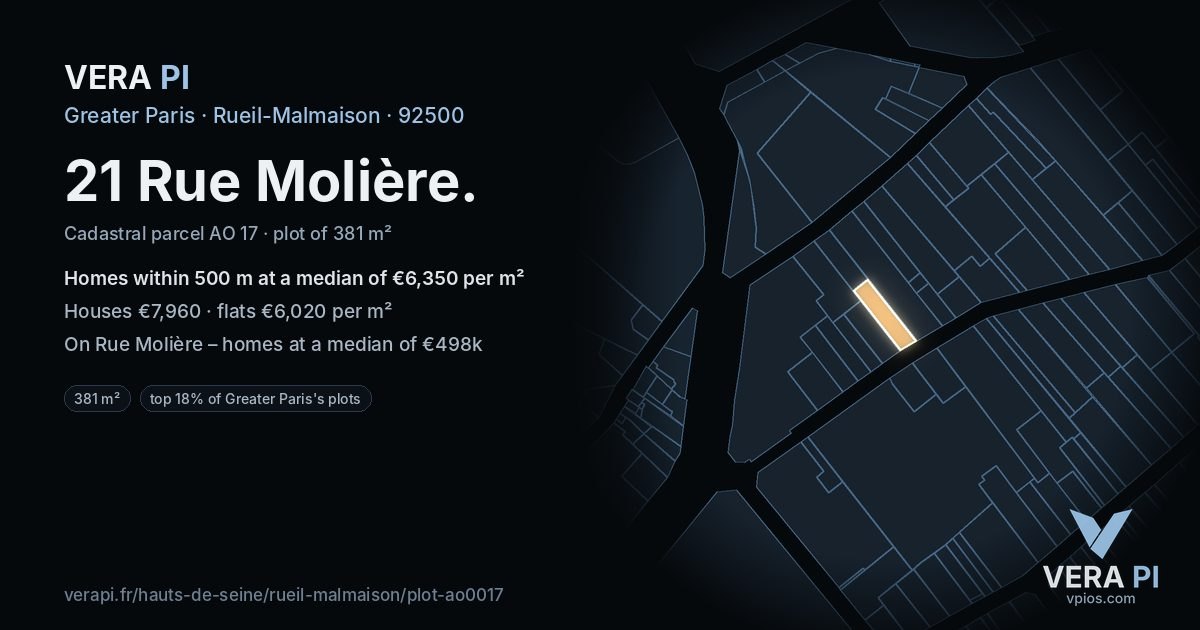 21 Rue Molière, Rueil-Malmaison at night – the plot lit, the parcels around coloured by the prices near them