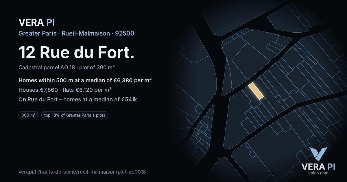 12 Rue du Fort, Rueil-Malmaison at night – the plot lit, the parcels around coloured by the prices near them