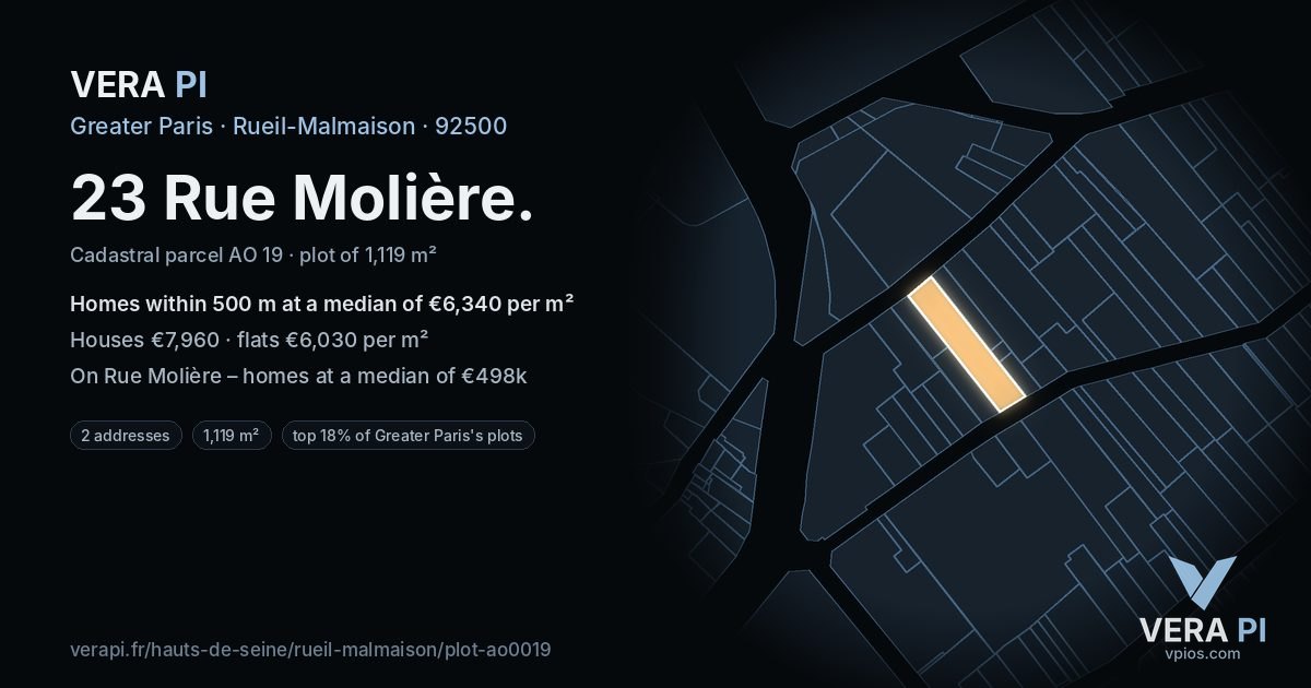 23 Rue Molière, Rueil-Malmaison at night – the plot lit, the parcels around coloured by the prices near them