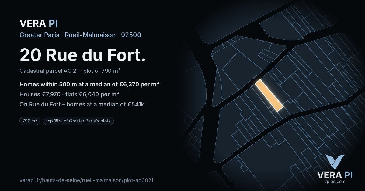 20 Rue du Fort, Rueil-Malmaison at night – the plot lit, the parcels around coloured by the prices near them