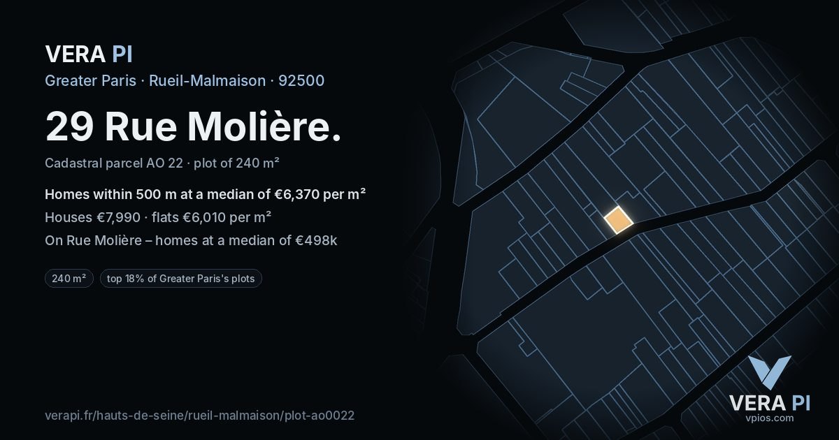 29 Rue Molière, Rueil-Malmaison at night – the plot lit, the parcels around coloured by the prices near them