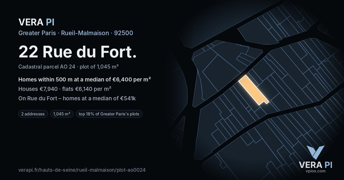 22 Rue du Fort, Rueil-Malmaison at night – the plot lit, the parcels around coloured by the prices near them