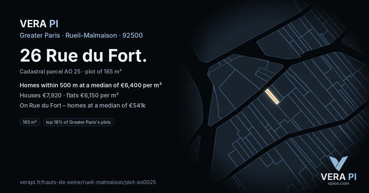 26 Rue du Fort, Rueil-Malmaison at night – the plot lit, the parcels around coloured by the prices near them