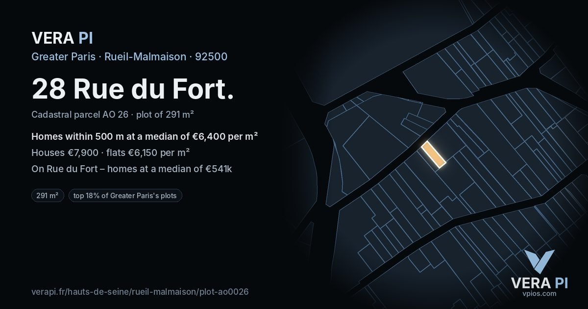 28 Rue du Fort, Rueil-Malmaison at night – the plot lit, the parcels around coloured by the prices near them