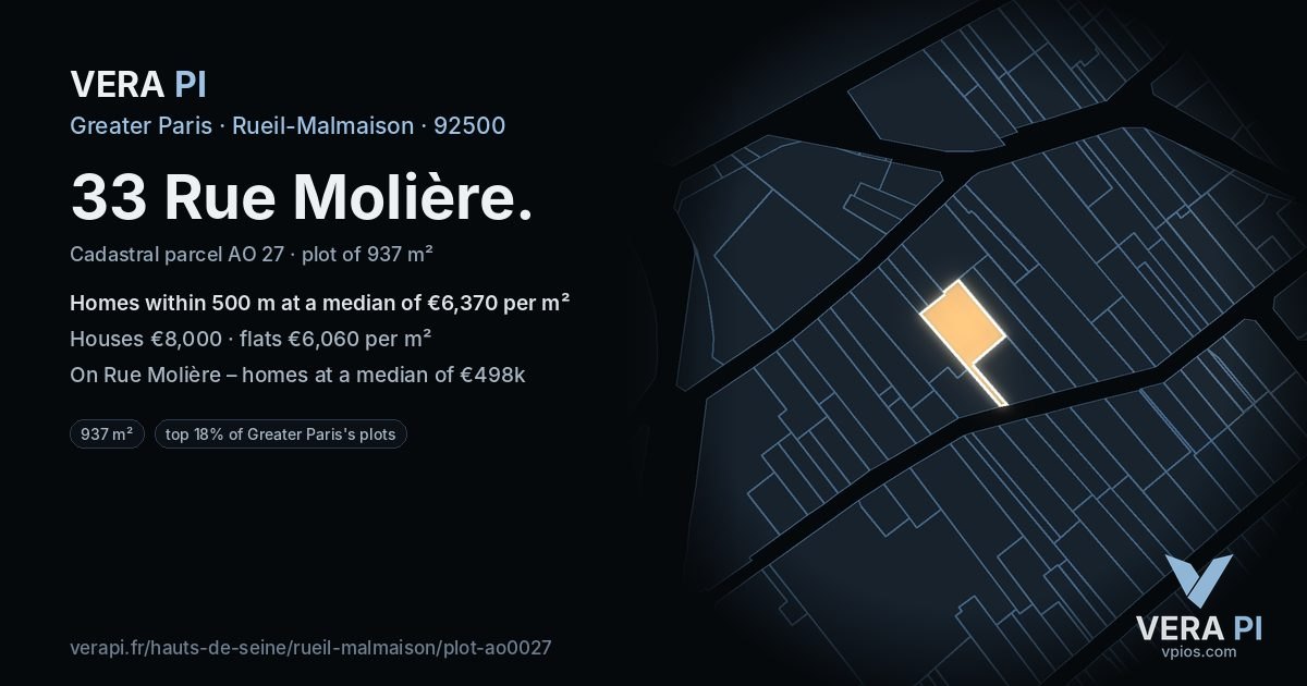 33 Rue Molière, Rueil-Malmaison at night – the plot lit, the parcels around coloured by the prices near them