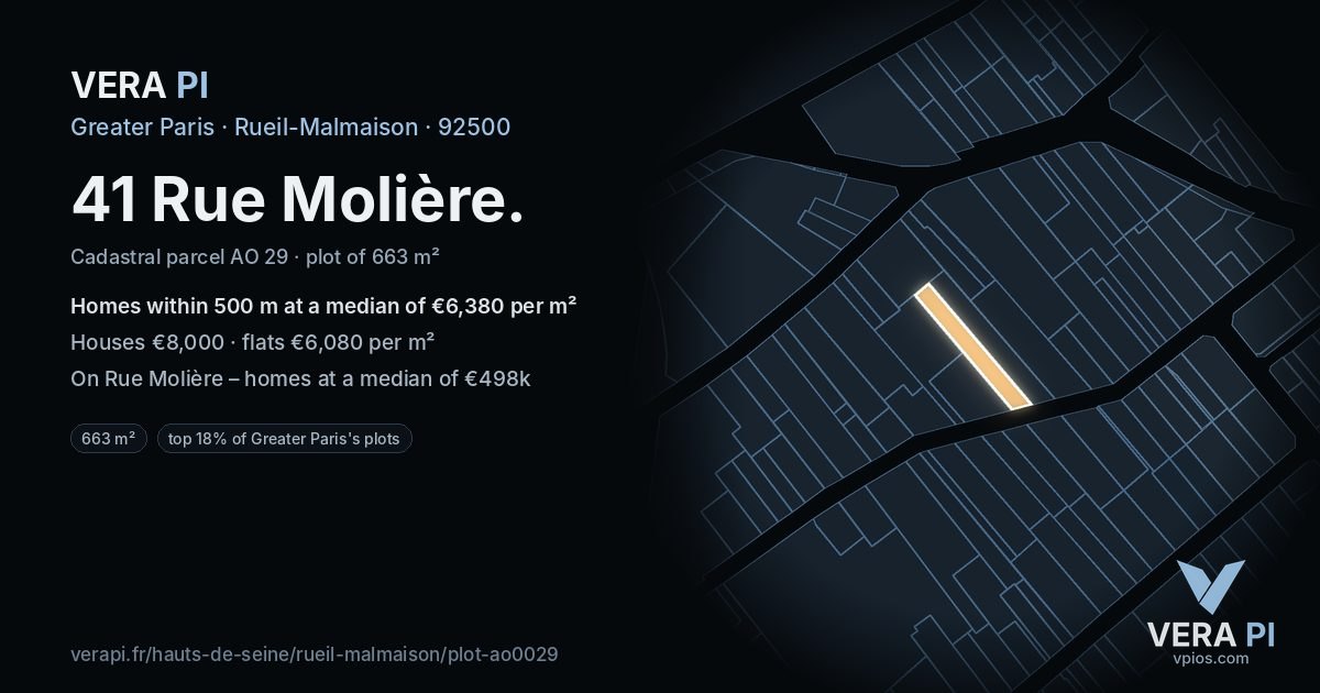 41 Rue Molière, Rueil-Malmaison at night – the plot lit, the parcels around coloured by the prices near them
