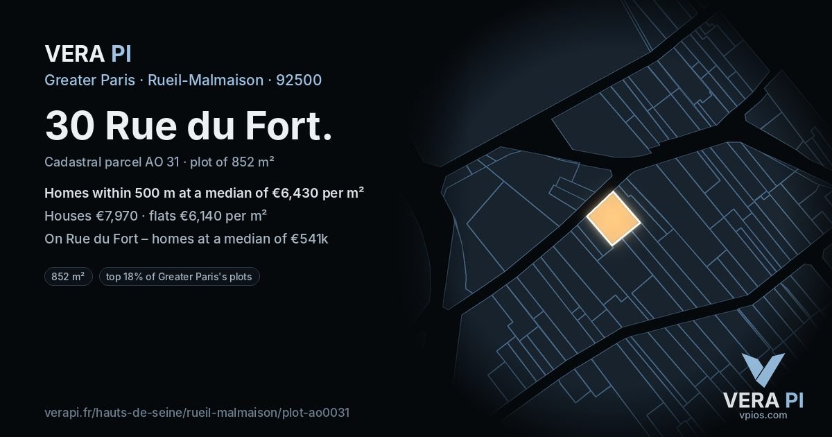 30 Rue du Fort, Rueil-Malmaison at night – the plot lit, the parcels around coloured by the prices near them