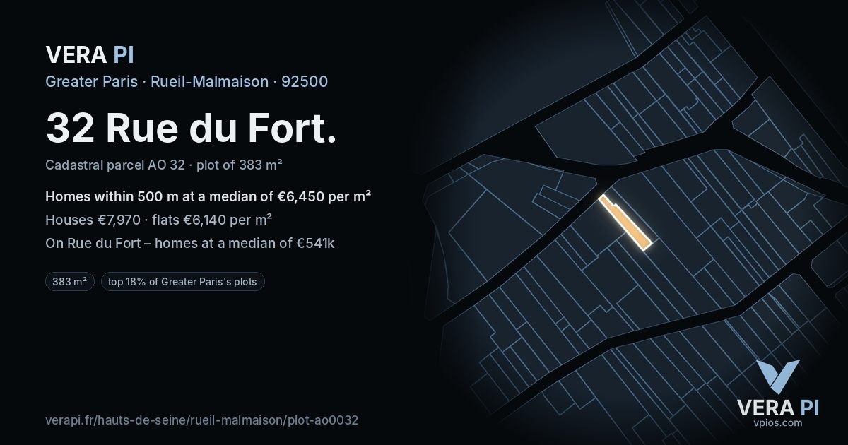 32 Rue du Fort, Rueil-Malmaison at night – the plot lit, the parcels around coloured by the prices near them