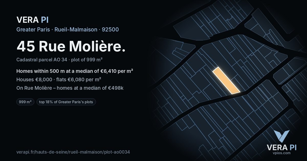 45 Rue Molière, Rueil-Malmaison at night – the plot lit, the parcels around coloured by the prices near them