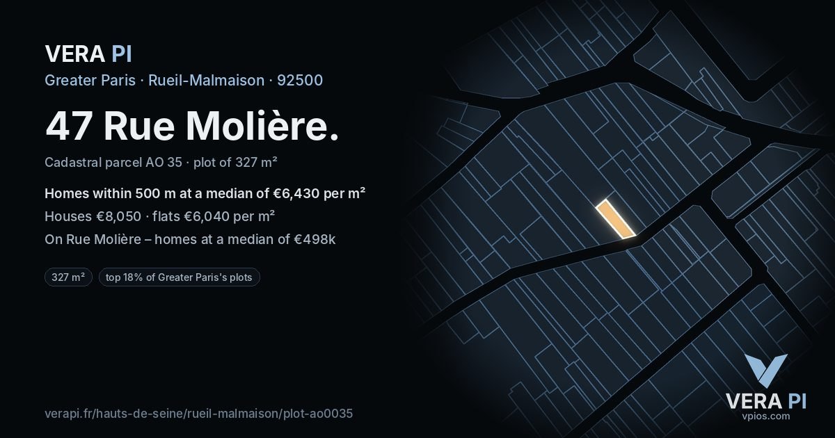 47 Rue Molière, Rueil-Malmaison at night – the plot lit, the parcels around coloured by the prices near them