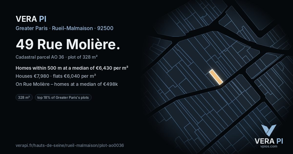49 Rue Molière, Rueil-Malmaison at night – the plot lit, the parcels around coloured by the prices near them