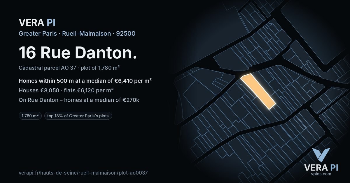 16 Rue Danton, Rueil-Malmaison at night – the plot lit, the parcels around coloured by the prices near them