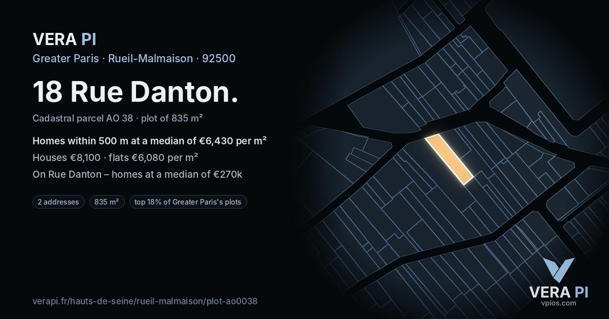 18 Rue Danton, Rueil-Malmaison at night – the plot lit, the parcels around coloured by the prices near them