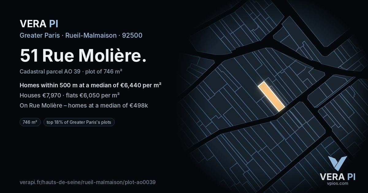 51 Rue Molière, Rueil-Malmaison at night – the plot lit, the parcels around coloured by the prices near them