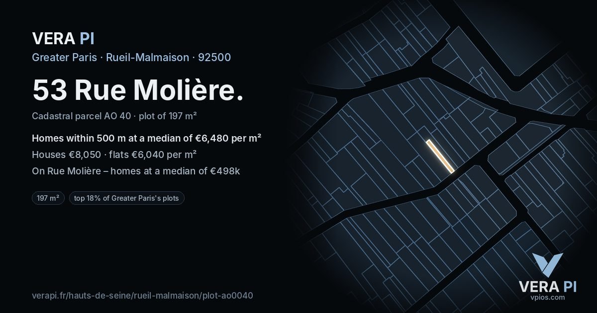 53 Rue Molière, Rueil-Malmaison at night – the plot lit, the parcels around coloured by the prices near them