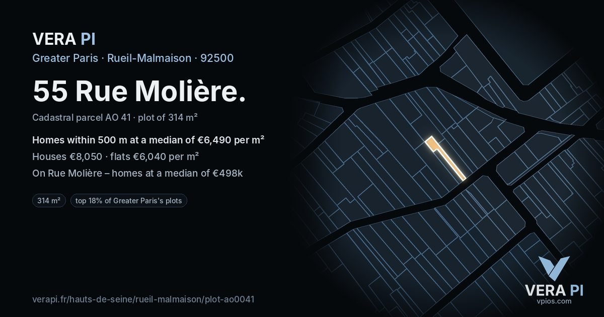 55 Rue Molière, Rueil-Malmaison at night – the plot lit, the parcels around coloured by the prices near them