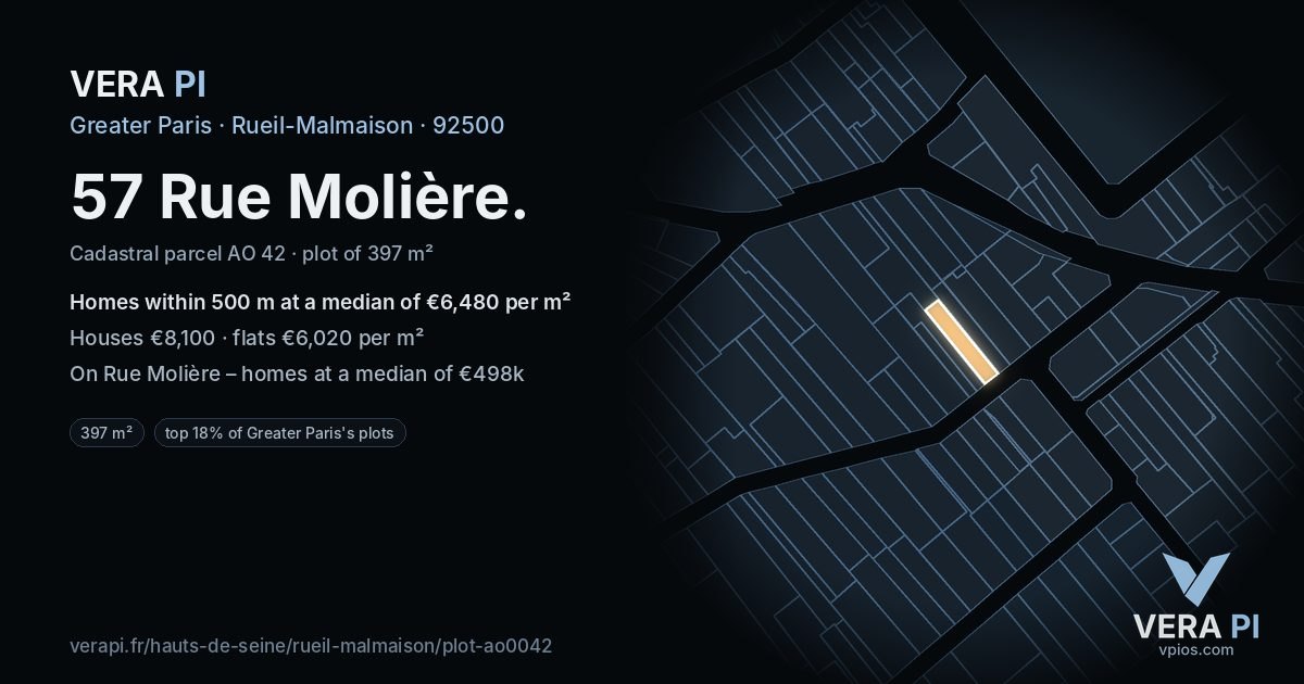 57 Rue Molière, Rueil-Malmaison at night – the plot lit, the parcels around coloured by the prices near them