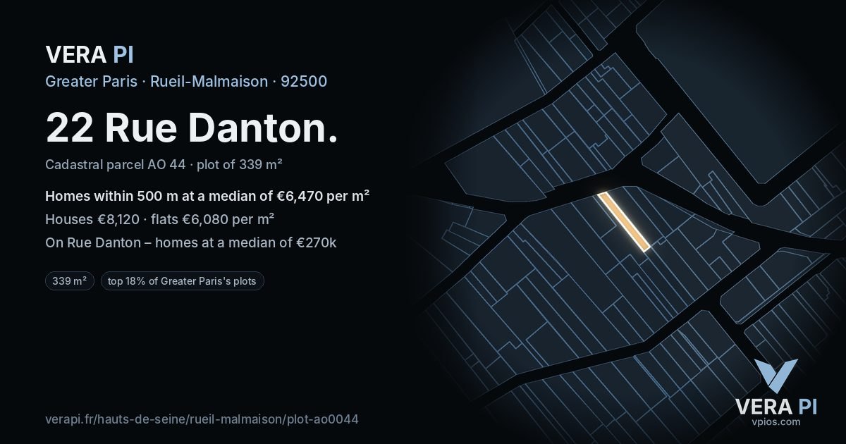 22 Rue Danton, Rueil-Malmaison at night – the plot lit, the parcels around coloured by the prices near them