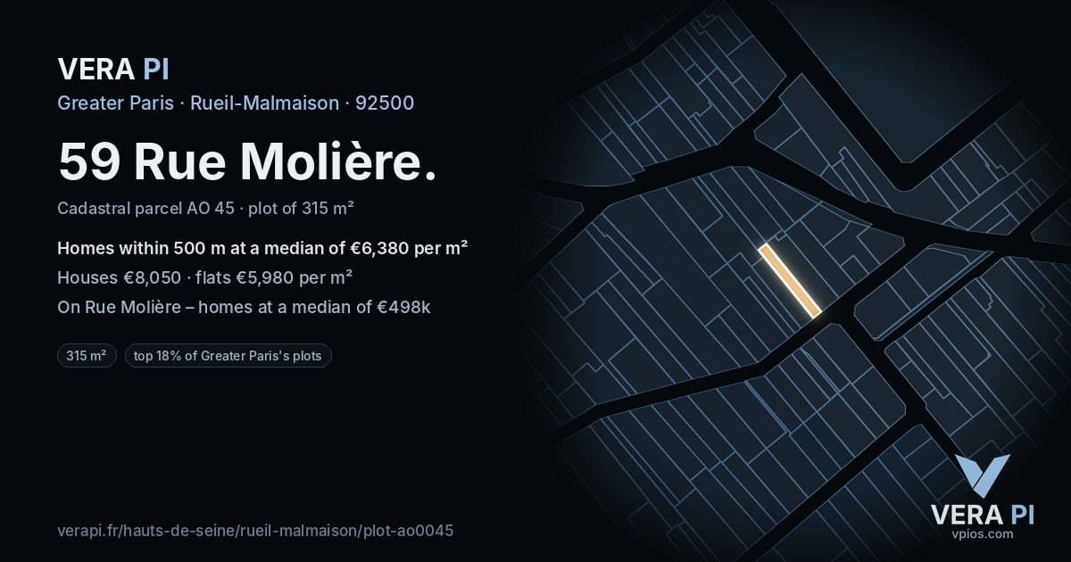 59 Rue Molière, Rueil-Malmaison at night – the plot lit, the parcels around coloured by the prices near them