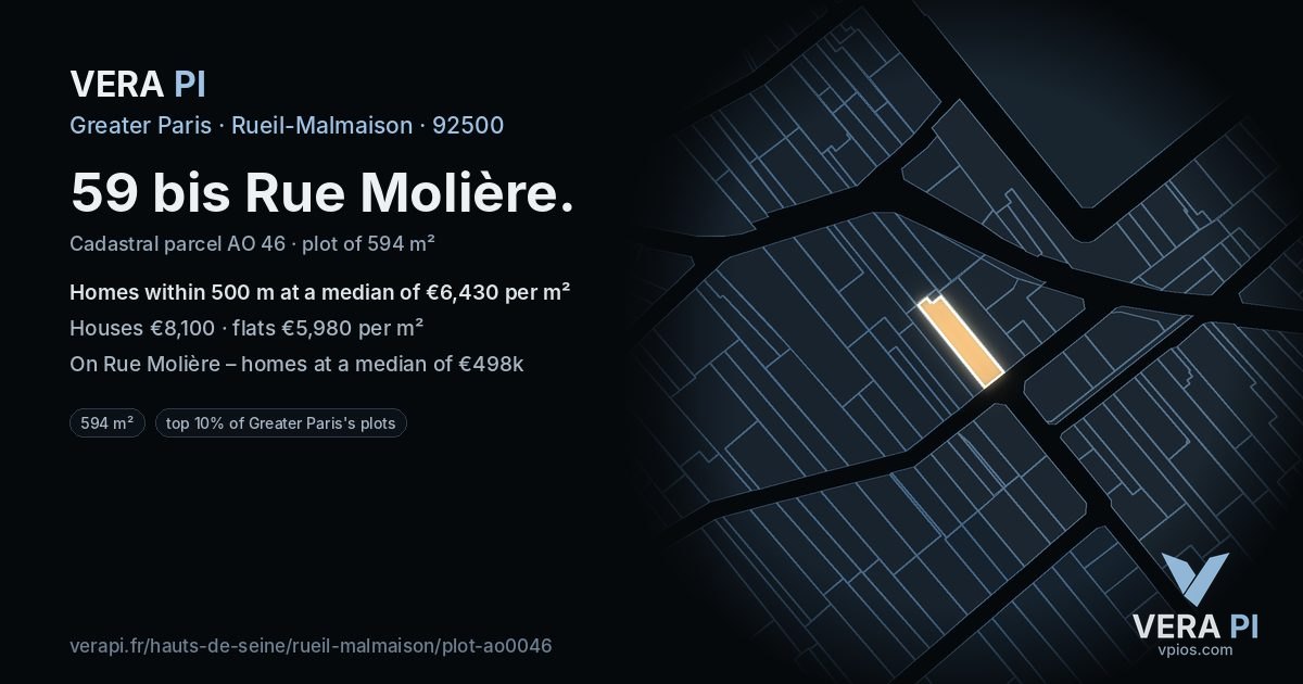 59 bis Rue Molière, Rueil-Malmaison at night – the plot lit, the parcels around coloured by the prices near them