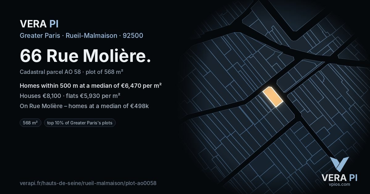 66 Rue Molière, Rueil-Malmaison at night – the plot lit, the parcels around coloured by the prices near them