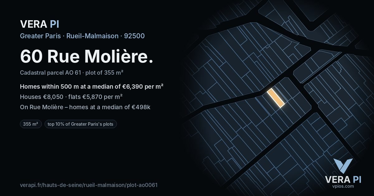 60 Rue Molière, Rueil-Malmaison at night – the plot lit, the parcels around coloured by the prices near them