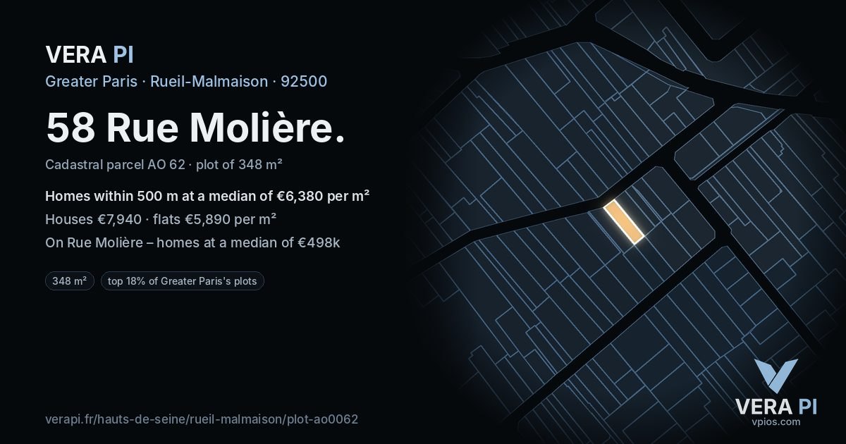 58 Rue Molière, Rueil-Malmaison at night – the plot lit, the parcels around coloured by the prices near them