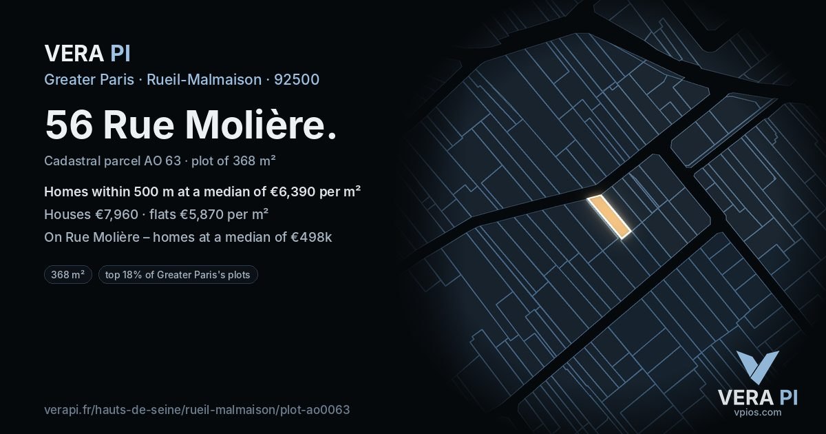 56 Rue Molière, Rueil-Malmaison at night – the plot lit, the parcels around coloured by the prices near them