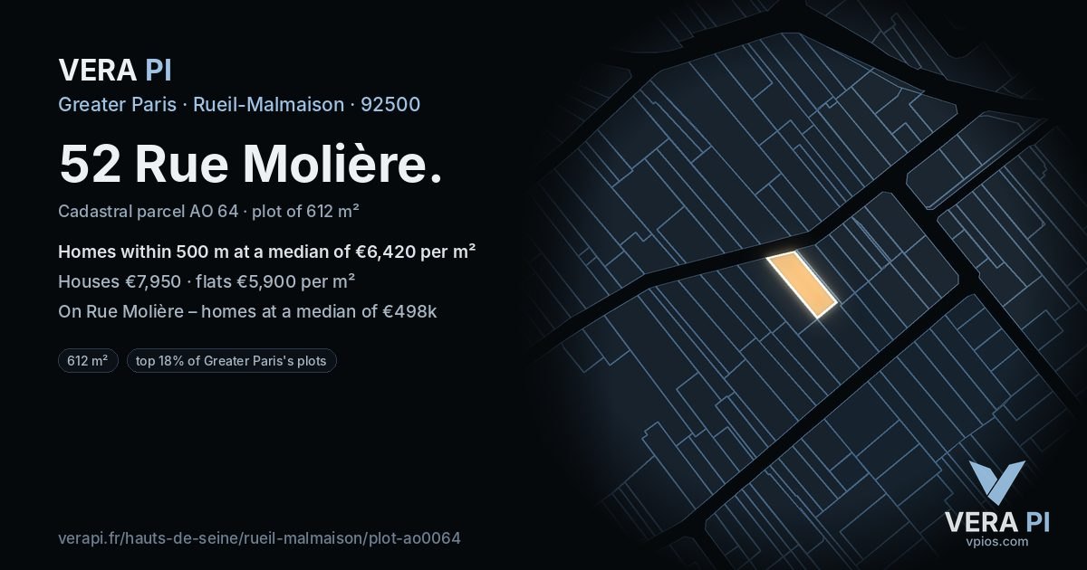 52 Rue Molière, Rueil-Malmaison at night – the plot lit, the parcels around coloured by the prices near them